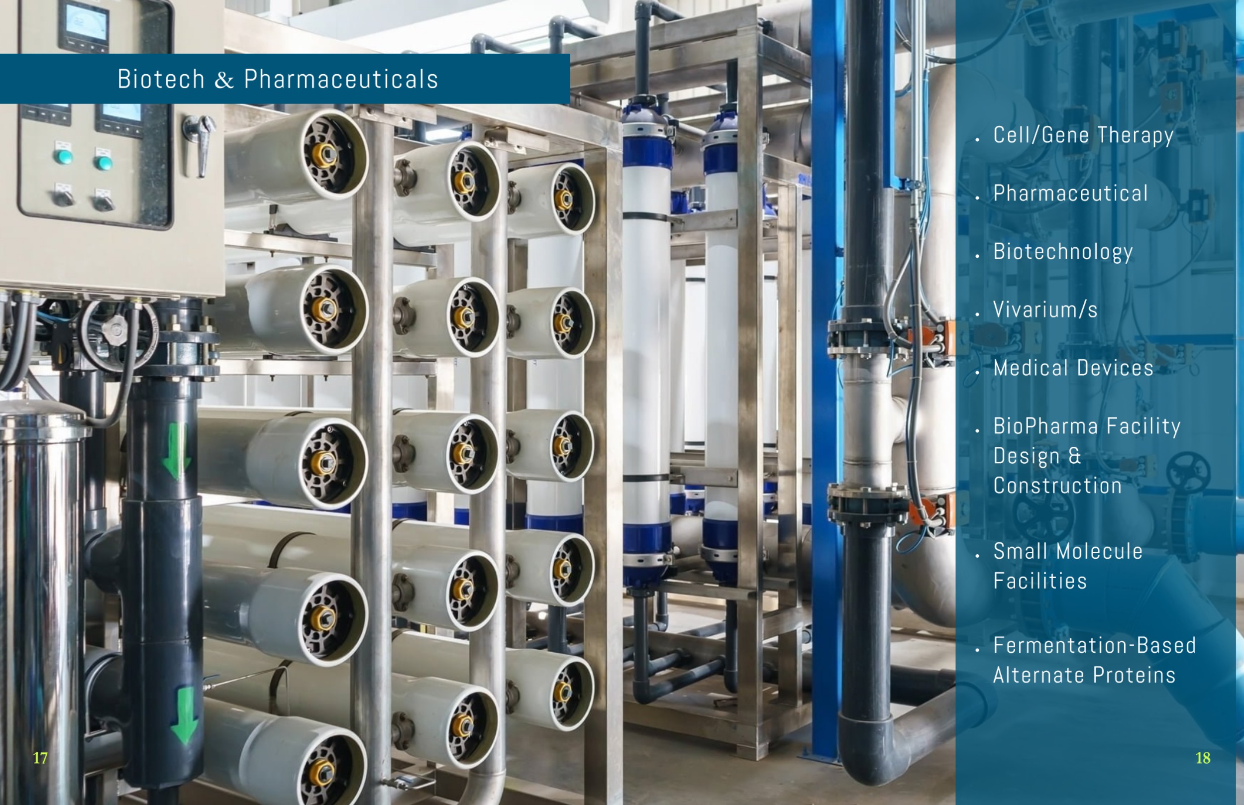 IPS Capabilities Booklet spread for Biotech and Pharmaceutical services including cell-gene therapy, pharmaceutical, biotechnology, vivariums, medical devices, BioPharma facility design and construction, small molecule facilities, fermentation-based alternate proteins.