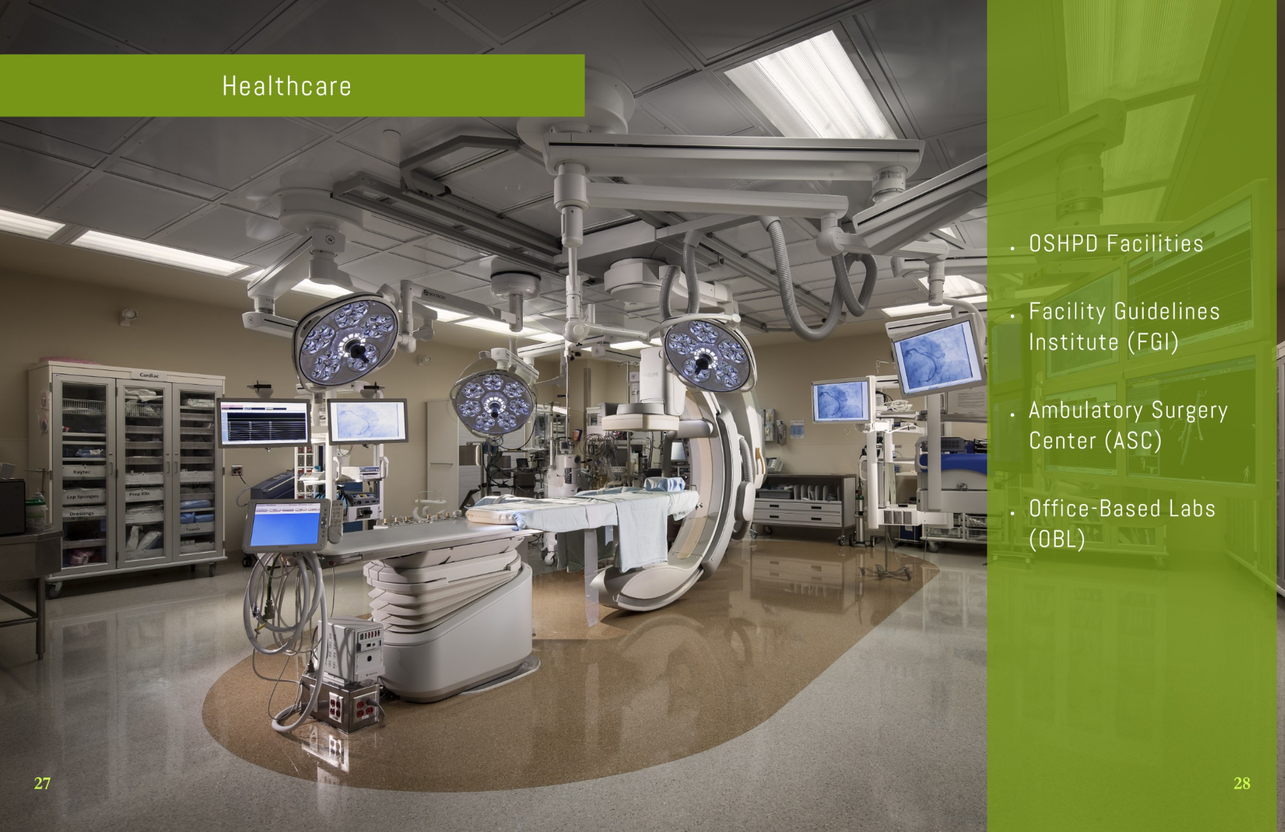 IPS Capabilities Booklet Healthcare spread with services including OSHPD Facilities, Facility Guidelines Institute (FGI), Ambulatory Surgery Center (ASC), and Office-Based Labs (OBL).