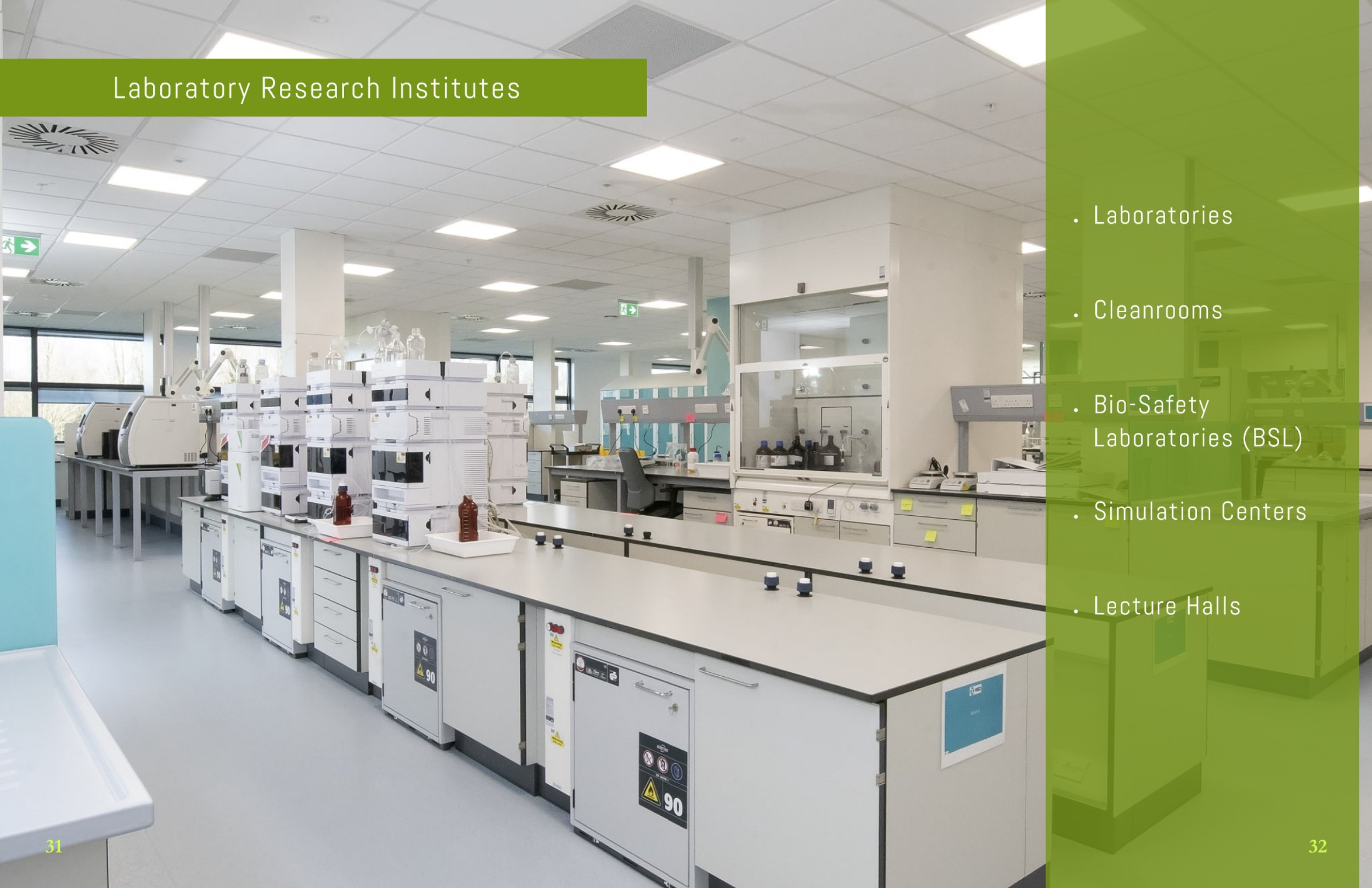 IPS Capabilities Booklet Laboratory Research Institutes spread with services including Laboratories, Cleanrooms, Bio-Safety Laboratories (BSL), Simulation Centers, and Lecture Halls.