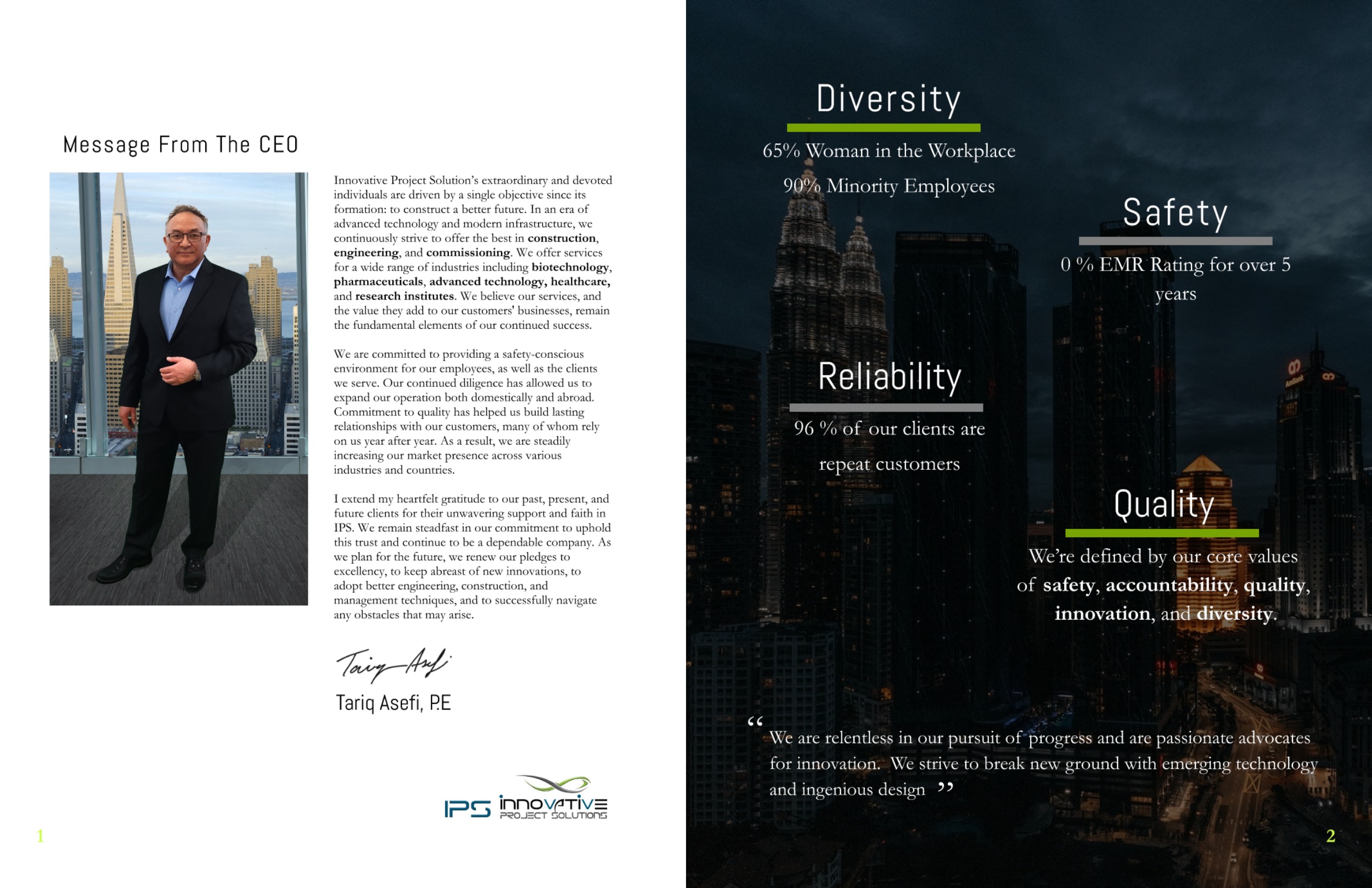 IPS Capabilities Booklet with message from the CEO on the left page and IPS values on the right page.