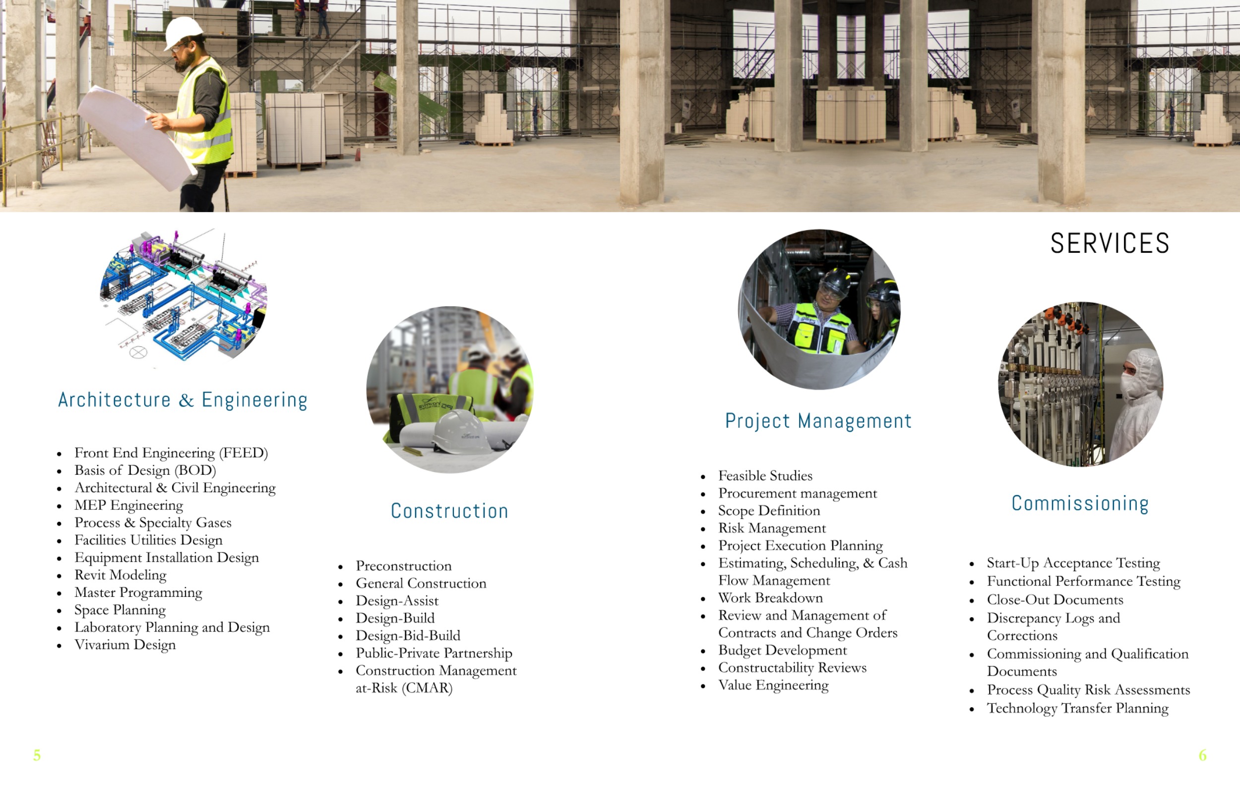 IPS Capabilities Booklet spread with detailed services for Architecture, Engineering, General Construction, Project Management, and Commissioning.