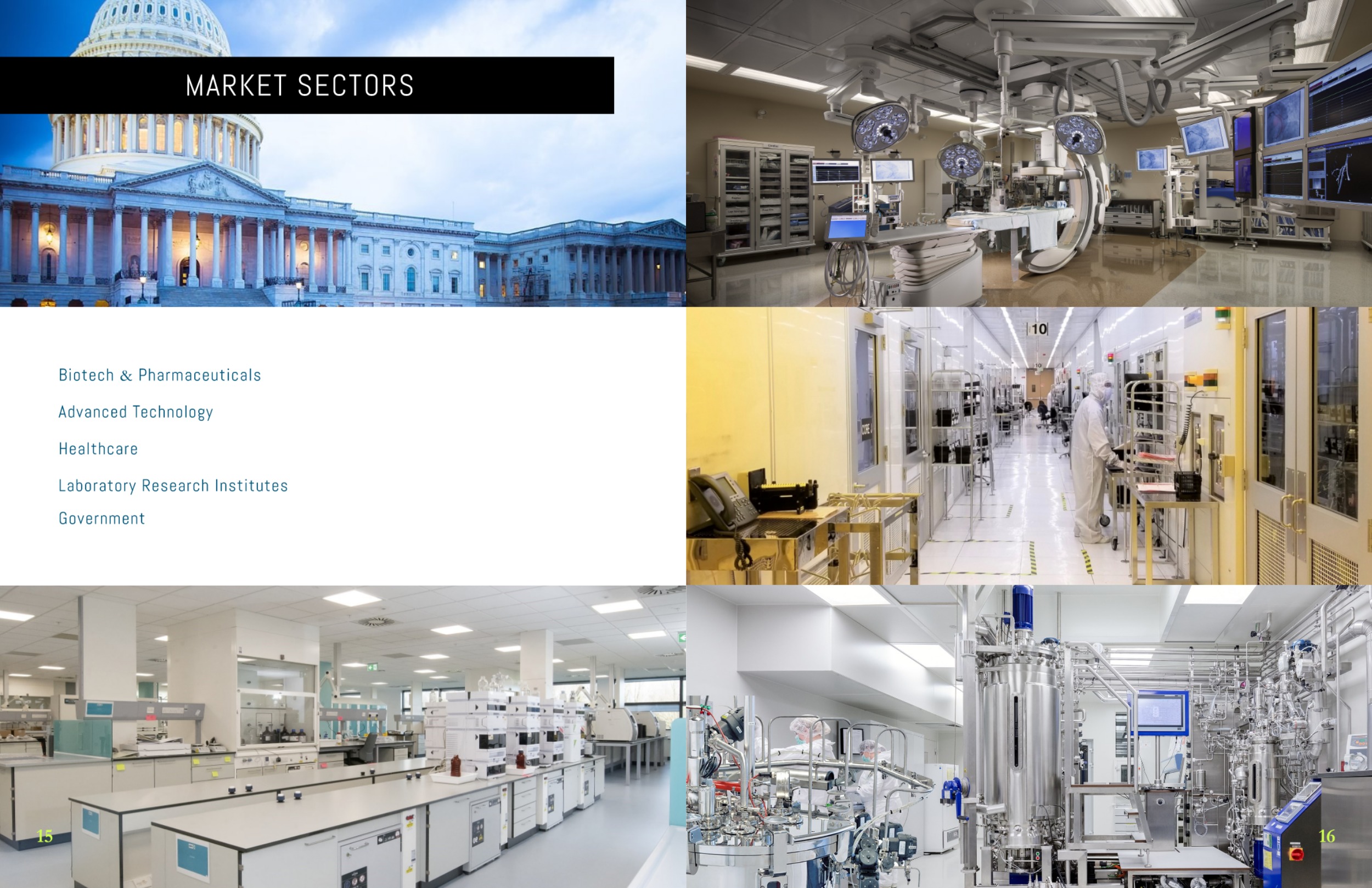 IPS Capabilities Booklet spread for Market Sectors including Biotech & Pharmaceuticals, Advanced Technology, Healthcare, Laboratory Research Institutes, and Government.