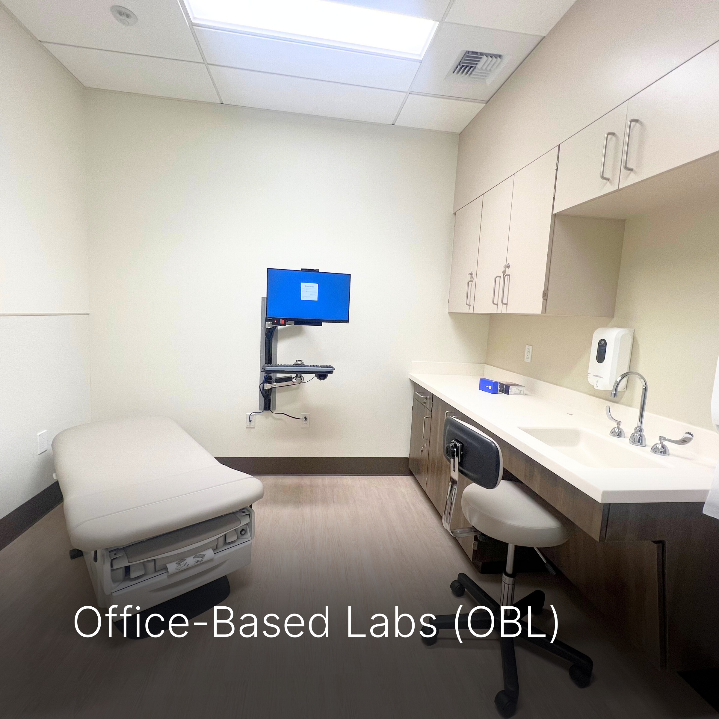 Healthcare exam room with caption of Office Based Labs (OBL).