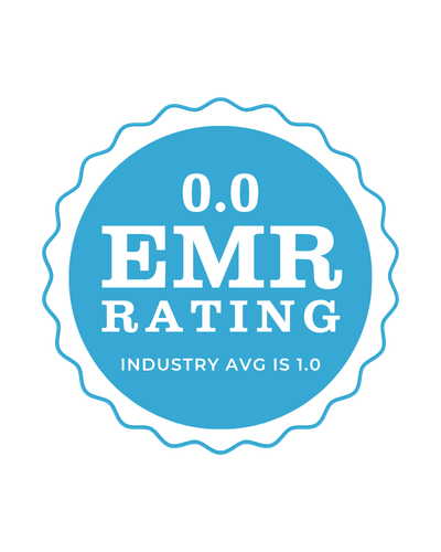 Blue circular badge with white text reading '0.0 EMR RATING' and a subline 'INDUSTRY AVG IS 1.0'.