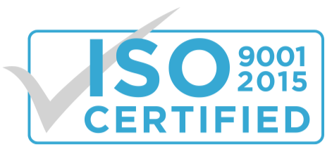 ISO 9001:2015 certified badge with a gray check mark inside a blue rounded rectangle, indicating quality management certification