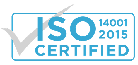ISO 14001:2015 certified logo with a gray checkmark and blue text inside a blue rounded-rectangle border, indicating environmental management system certification.
