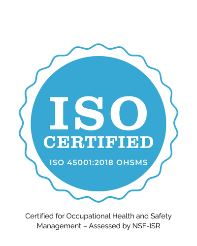 ISO CERTIFIED badge: blue circular seal with wavy border, signaling ISO 45001:2018 OHSMS certification.