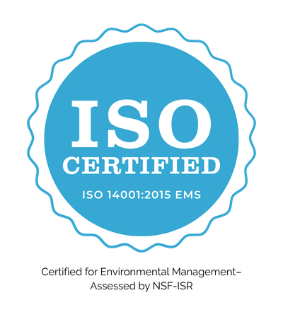 Blue ISO Certified badge reading 'ISO CERTIFIED' with 'ISO 14001:2015 EMS' underneath, indicating compliance.