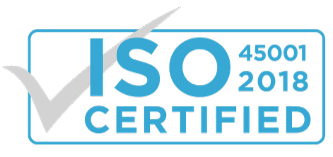 ISO Certified badge showing 45001 2018 with a blue border and a checkmark.