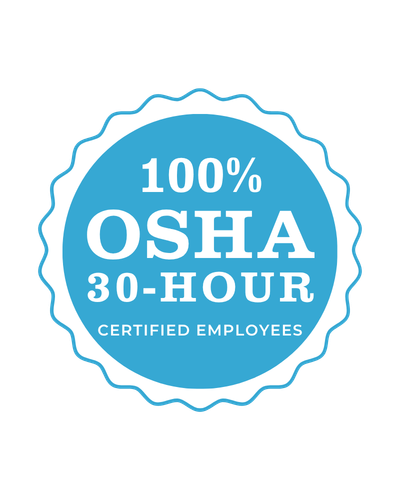 Blue circular badge reading '100% OSHA 30-HOUR CERTIFIED EMPLOYEES' in white text on a light blue background.